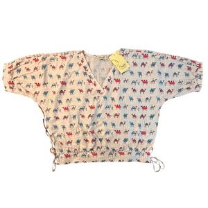 Suti Camel Print Rayon V-Neck Dolman Sleeve Crop Top Side Ties NWT Boho Hippie